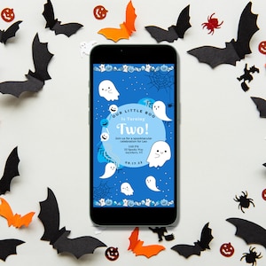 Our Little Boo is turning Two, Editable Birthday Invitation Template, Halloween Birthday, Boo Blue Ghost Boy Birthday Invite, Blue Halloween