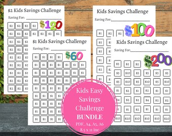 BUNDLE Sfide di risparmio per bambini facili, Budgeting, PDF, Stampabile, Scaricabile, A4, A5, A6, Formato lettera USA, Sfide di risparmio, Tracker di risparmio