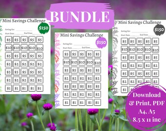 BUNDLE Sfide di risparmio per redditi bassi, Budget, PDF, Stampa, Download, A4, A5, Formato lettera USA, Tracker di risparmio minimalista viola, verde, grigio