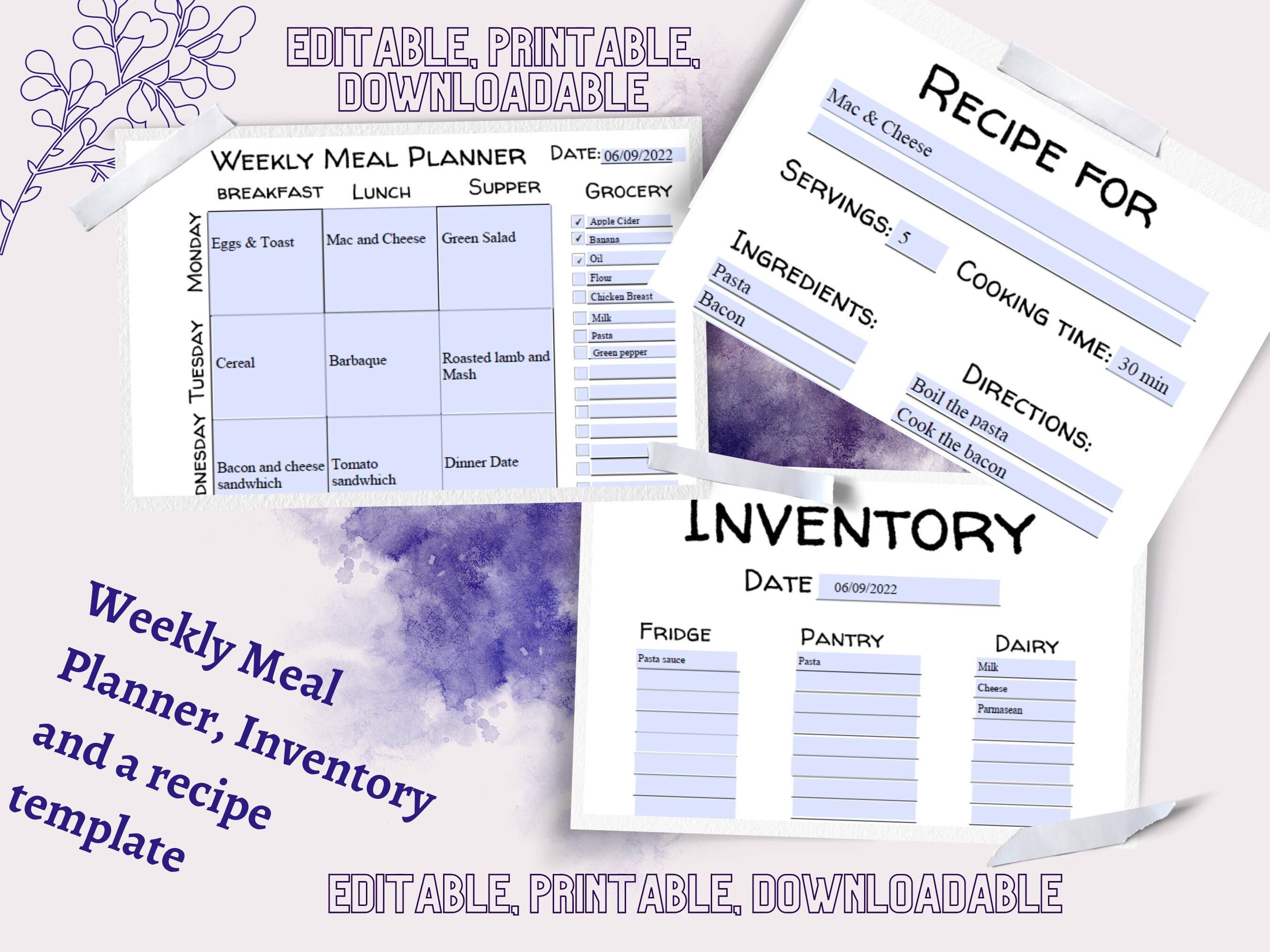 Weekly Paper Inventory Weekly Meal Planner, Recipe Template, Inventory List, Printable ...