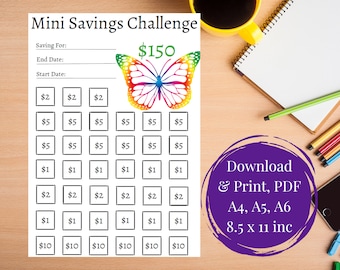 Low Income Savings Challenge, Butterfly Mini Savings Challenge, PDF, A4, A5, A6, 8.5 X 11inc, Print, Download, Goals, Save150, Cash Stuffing