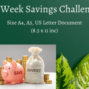 May include: A 52-week savings challenge graphic with a piggy bank labeled "SAVE" and a money bag labeled "INVEST" surrounded by stacks of gold coins. The graphic is on a green chalkboard with a green plant in the background.