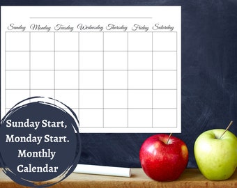 Calendario mensile vuoto, Inizio domenica, Inizio lunedì, Minimalista, Obiettivi, Stampa, PDF, Download istantaneo, A4 orizzontale, Modello di pianificazione mensile