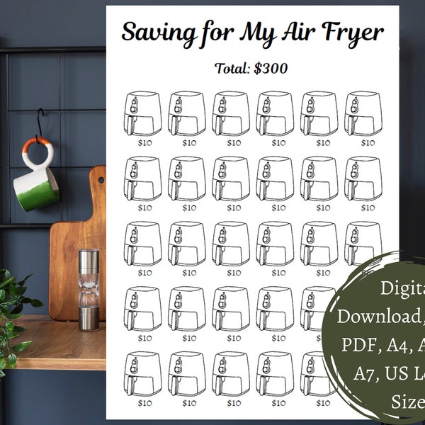 300 Air Fryer Savings Challenges, Low Budget, PDF, A4, A5, A6, A7, US Letter Size, Digital Printing, Appliances, Financial, Cash Stuffing