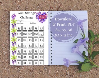 Purple &Green Mini Savings Challenge, Save150, Low Income Savings Challenge, PDF, A4, A5, A6, 8.5 X 11, Cash Stuffing, Download, Print, Goal