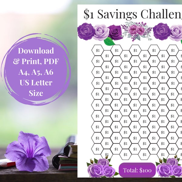 Mini Savings Challenge, 1 Dollar Challenge, Low Income Savings Challenge, PDF, A4, A5, A6, 8.5 X 11, Cash Stuffing, Print, Download, Track