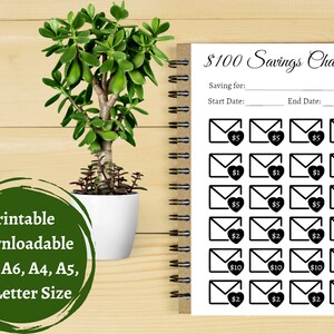May include: Printable $100 savings challenge tracker with envelopes and hearts.  The tracker is designed to help you save money over time.  The tracker is available in PDF, A6, A4, A5, and US Letter sizes.