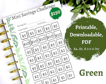 Low Income Savings Challenge, Green Mini Savings Challenge, PDF, A4, A5, 8.5 X 11, Printable, Downloadable, Goals, Save150, Cash Stuffing