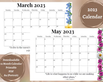 Calendario mensile 2023, modello di pianificazione mensile, 12 mesi, inizio lunedì, floreale, motivazione, stampabile, PDF, download istantaneo, paesaggio A4