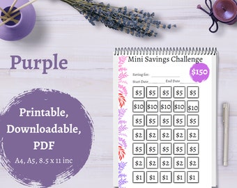 Purple Mini Saving Challenge, Save150, Sfida di risparmio a basso reddito, PDF, A4, A5, 8,5 X 11, Ripieno di contanti, Stampabile, Scaricabile, Tracker