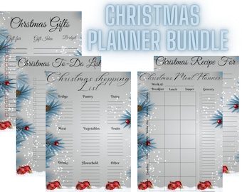 Puede incluir: Un paquete de planificadores de Navidad imprimibles con un fondo gris y ramas de pino azules. El paquete incluye una lista de regalos de Navidad, una lista de tareas pendientes, una lista de compras, una lista de recetas y un planificador de comidas.