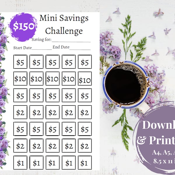 Purple Mini Savings Challenge, Save150, Low Income Savings Challenge, A4, A5, A6, 8.5 X 11 in, Cash Stuffing, Download, Printable, Track,PDF