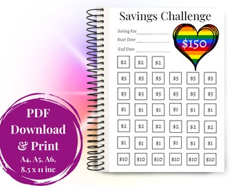Divertente mini sfida sul risparmio, Save150, Sfida sul risparmio per redditi bassi, PDF, A4, A5, A6, 8,5 X 11, Riempimento di contanti, Scarica e stampa, Monitoraggio