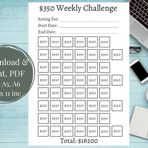 Low Income Savings Challenge, 350 Weekly Mini Saving Challenge, PDF, A4, A5, A6, 8.5 x 11in, Print, Download, Goals Tracker, Cash Stuffing