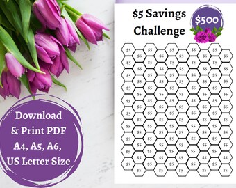 Sfida di risparmio viola, Save500, Sfida di risparmio a basso reddito, 5 dollari, PDF, A4, A5, A6, 8,5 X 11, Ripieno di contanti, Stampa, Scarica, Tracker