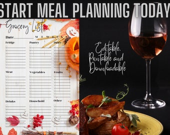 Grocery List, Meal Planning, Editable Check List, Downloadable Printable, Bonus Blank Template incl, Autumn, To Do List, A4, A5, 8.5 X 11inc