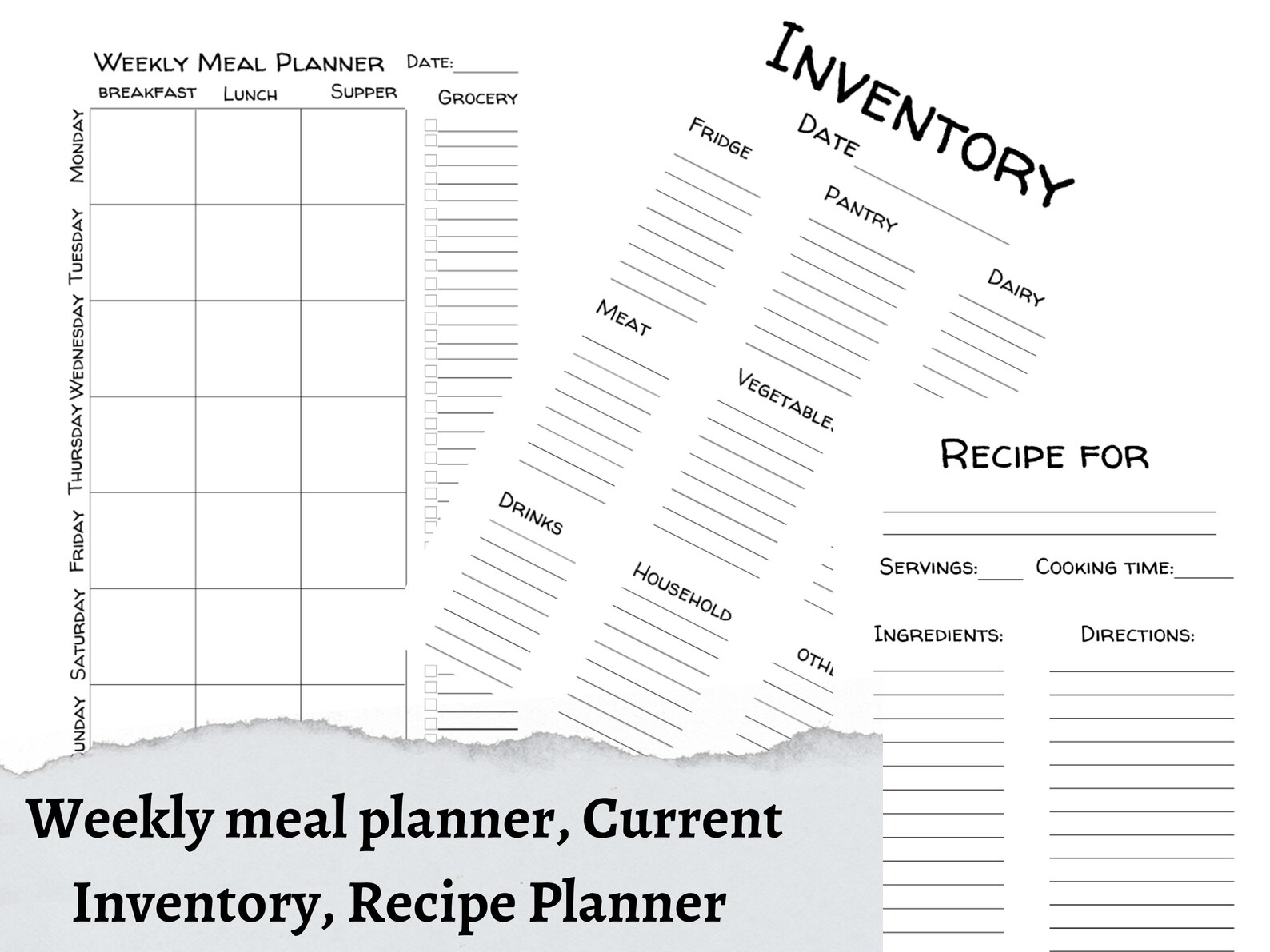 Weekly Meal Planner, Recipe Template, Inventory List, Printable ...
