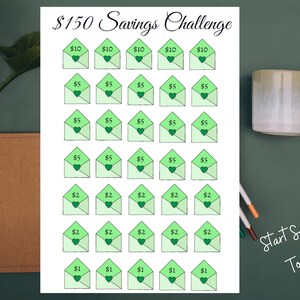 May include: A printable savings challenge chart with green envelopes and hearts. The chart is titled "$150 Savings Challenge" and includes amounts to save from $1 to $10. The text "Start Saving Today" is at the bottom of the chart.