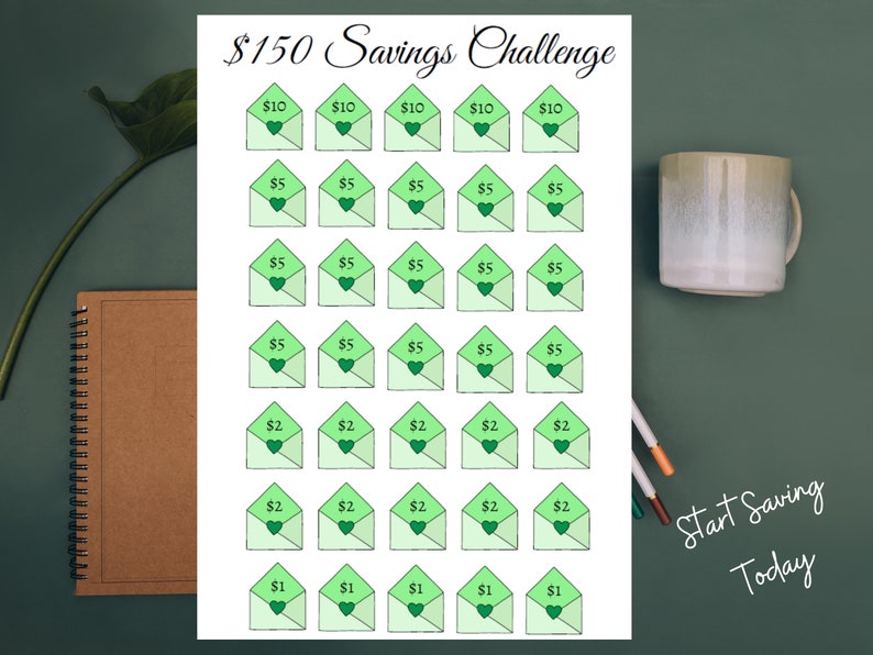 May include: A printable savings challenge chart with green envelopes and hearts. The chart is titled "$150 Savings Challenge" and includes amounts to save from $1 to $10. The text "Start Saving Today" is at the bottom of the chart.