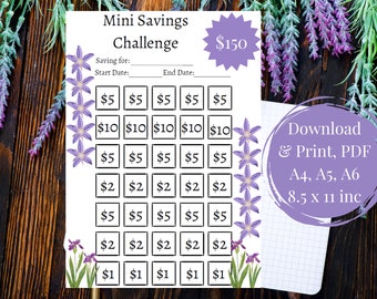 Purple Mini Savings Challenge, Save150, Low Income Savings Challenge, A4, A5, A6, 8.5 X 11inc, Cash Stuffing, Download, Printable, Goal, PDF