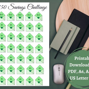 May include: Printable $150 savings challenge tracker with green envelopes and hearts. The tracker includes amounts of $10, $5, $2, and $1. The text "Printable Downloadable PDF, A6, A4, A5, US Letter Size" is at the bottom of the page.
