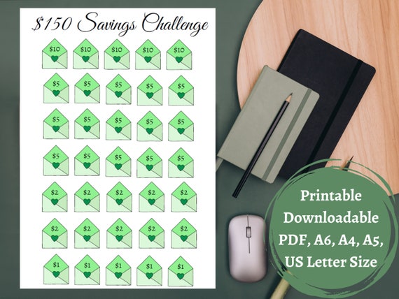 Green Mini Savings Challenge, Save 150, Cash Stuffing, Low Income Envelope Savings, Printable, Downloadable, PDF, A5, A6, A4, US Letter Size