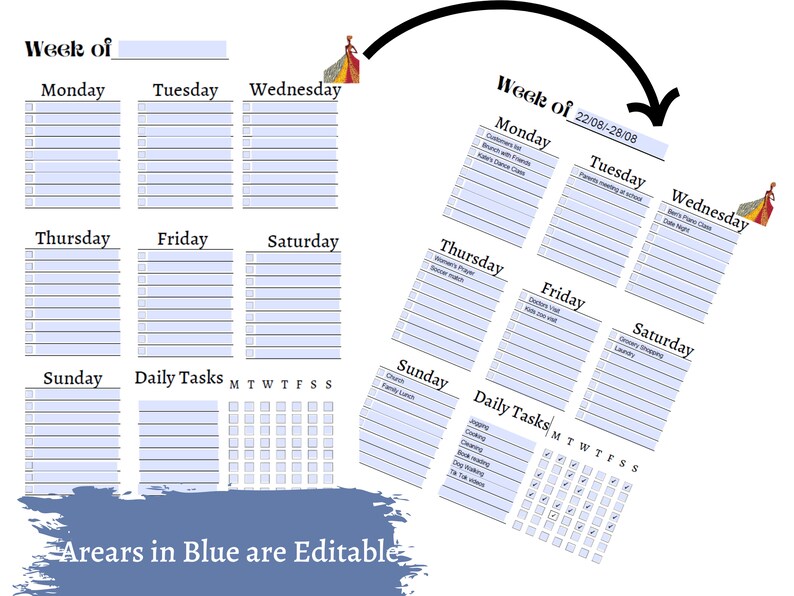 Minimalist editable weekly planner and editable daily planner