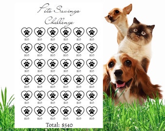 Sfide di risparmio per animali domestici, Budget ridotto, PDF, Download, Stampa A4, A5, A6, Formato lettera USA, Sfide di risparmio, Monitoraggio del risparmio, Obiettivi finanziari
