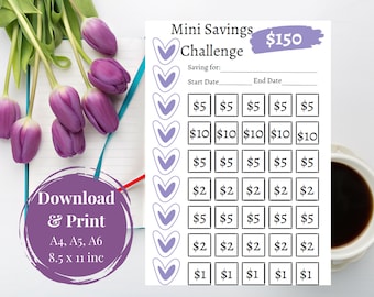 Ripieno di contanti, Sfida di risparmio a basso reddito, PurpleLove Mini Saving Challenge, PDF, A4, A5, A6, 8,5 X 11, Stampabile, Scaricabile, Salva150