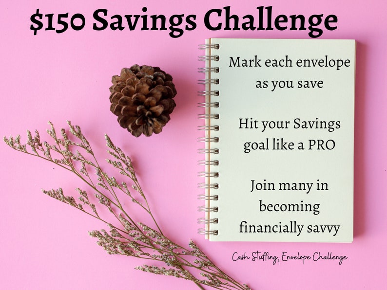 May include: A pink background with a notebook, a pine cone, and dried flowers. The notebook has the text "$150 Savings Challenge" and instructions to "Mark each envelope as you save". The text continues with "Hit your Savings goal like a PRO" and "Join many in becoming financially savvy". The text at the bottom of the notebook says "Cash Stuffing, Envelope Challenge".