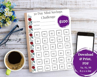 Purple Mini Savings Challenge, Save100, Low Income Savings Challenge, PDF, A4, A5, A6, 8.5 X 11, Ripieno di denaro, Scarica, Stampabile, 30 giorni