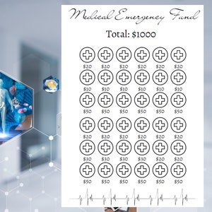May include: A printable medical emergency fund tracker with a total goal of $1000. The tracker has a grid of 36 plus signs, each representing a different amount of money to save. The amounts are $20, $10, $50, $30, and $50.