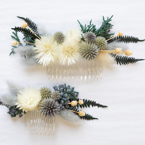 Dusty Blue Thistle + Pampas Grass Floral Hair Comb