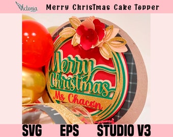 Merry Christmas topper | 3D topper with flowers (Digital SVG file)