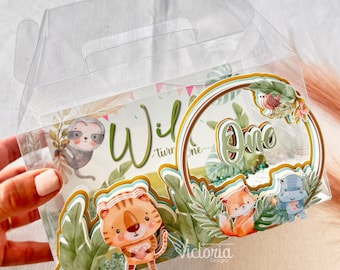 Jungle baby birthday | 1st first birthday | Safari Gable Box | Clear Gable Box Favors | Safari Favors | Safari Birthday | jungle Gable Box