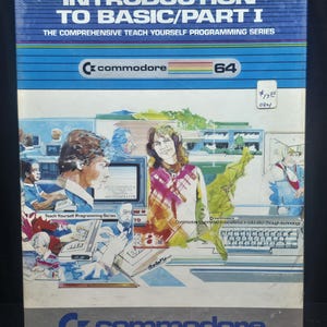 May include: A vintage Commodore 64 computer software box titled "Introduction to Basic/Part I." The box features illustrations of people using computers, with the Commodore logo and the number 64 prominently displayed. The box is blue and white.