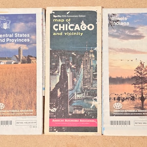 Vintage 1990s AAA Straßenkarten von Chicago / Illinois Indiana / Zentralstaaten und Provinzen Lot von 3 Papierkarten