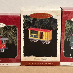 Vintage 1997 Hallmark Keepsake Ornament Pressed Tin Yuletide Central Train Cars