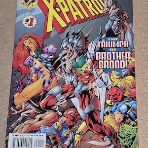 May include: A comic book cover for "The Exciting X-Patrol" #1, featuring a dynamic illustration of various costumed characters in action. The cover art is vibrant with bold colors and action-packed scenes, with the title text prominently displayed.