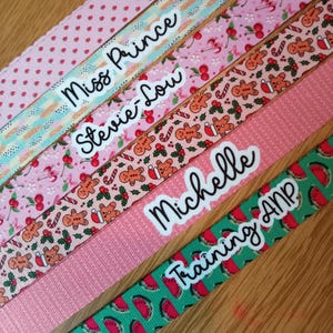 May include: Four fabric ribbons with distinct patterns: a pink polka dot ribbon labeled Miss Prince, a cherry print ribbon labeled Stevie-Lou, a gingerbread man print ribbon labeled Michelle, and a green watermelon print ribbon labeled Training ANP.