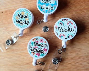 Personalised Badge Reel for Nurses & Teachers | Custom Name ID Holder | Key + Bag Clip | Retractable Reel | 64 Designs