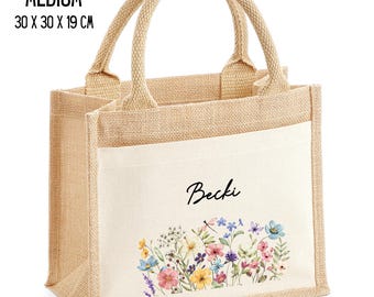 Personalised Jute Tote Bag with Floral Pocket, Custom Shopping Bag
