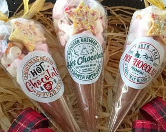 Christmas Hot Chocolate Cone with Marshmallows & Sprinkles, Stocking Filler, Christmas Eve Box Filler, Luxury Festive Gift, Gold Ribbon