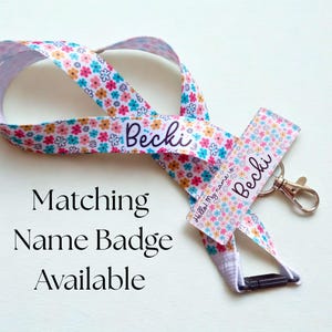 Personalised flower lanyard with name with breakaway clasp and claw clip, matching name badges available in etsy store
