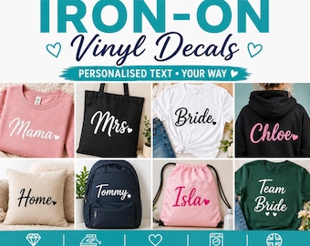 Custom Iron On Vinyl Decal Personalised HTV Name Text for T Shirts Clothing Labels Heat Transfer Vinyl UK