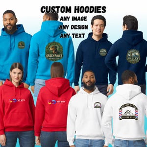 Personalised Printed Hoodie Add Custom Text Left Breast Front or Back Birthday Gifts Business Hen Stag Leavers or Party Unisex Jumpers