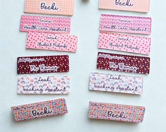 Personalised Acrylic Name Badge | Custom Teacher Nurse ID Badge | 64 Fun Designs | Floral Rainbow Cute Name Tag | UK Handmade Gift for Staff
