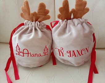 Personalised Velvet Reindeer Gift Pouch | Christmas Treat Sack