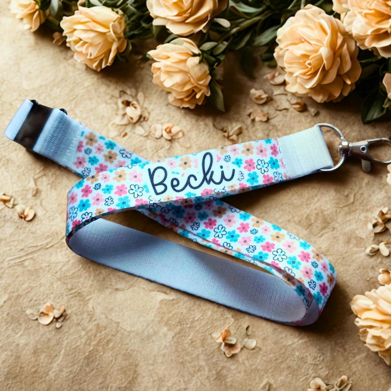 Personalised flower lanyard with name with breakaway clasp and claw clip