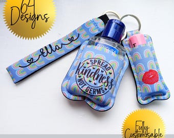 Personalised Keyring Set - Hand Sanitiser Holder, Chapstick Holder & Wristlet Keychain - Custom Gift for Nurses On-the-Go, bag charms